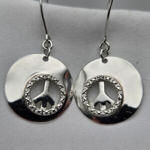Circle of Peace Sign Symbol Earrings Sterling Silver Dandle Round